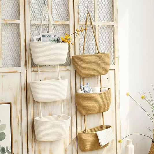 Removable Wall-Mounted Basket Storage Basket Hand-Woven Simple Three-Layer Hanging Basket Storage Basket Household Wall-Mounted Storage Basket